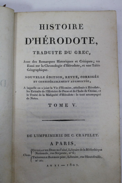 HISTOIRE D ' HERODOTE , TRADUITE DU GREC ,  TOME V  , 1802