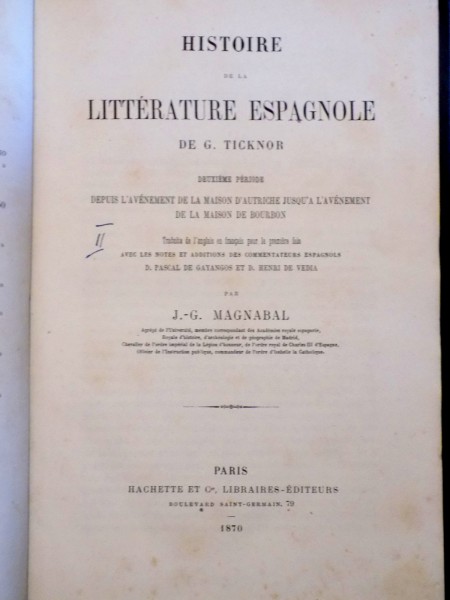 HISTOIRE DE LA LITTERATURE ESPAGNOLE de G. TICKNOR, 1870