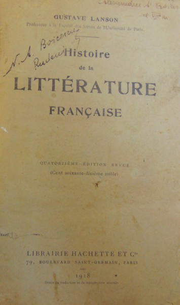 HISTOIRE DE LA LITTERATURE FRANCAISE par GUSTAVE LANSON , 1918