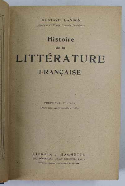 HISTOIRE DE LA LITTERATURE FRANCAISE par GUSTAVE LANSON , 1928