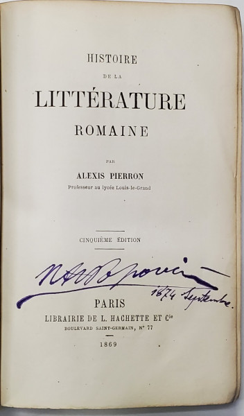 HISTOIRE DE LA LITTERATURE ROMAINE par ALEXIS PIERRON , 1869