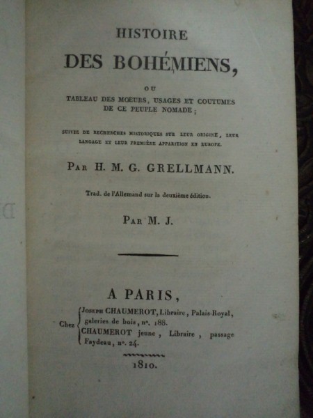 HISTOIRE DES BOHEMIENS de H.M.G. GRELLMANN, PARIS 1810