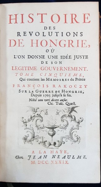 HISTOIRE DES REVOLUTIONS DE HONGRIE, TOME V - A LA HAYE, 1739