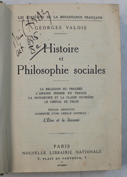 HISTOIRE ET PHILOSPOHIE SOCIALES par GEORGES VALOIS ,  1924