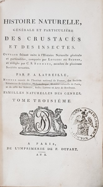 HISTOIRE NATURELLE, GENERALE ET PARTICULIERE DES CRUSTACES ET DES INSECTES par P. A. LATREILLE, TOM III - PARIS, 1802