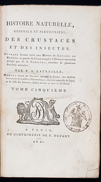 HISTOIRE NATURELLE, GENERALE ET PARTICULIERE DES CRUSTACES ET DES INSECTES par P. A. LATREILLE, TOM V - PARIS, 1802