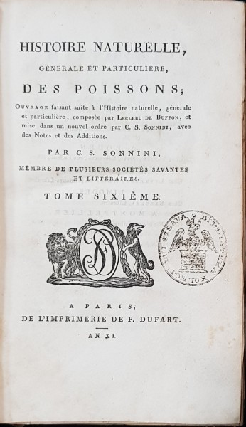 HISTOIRE NATURELLE, GENERALE ET PARTICULIERE DES POISSONS par C. S. SONNINI - PARIS, 1804