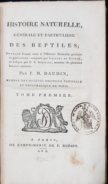 HISTOIRE NATURELLE, GENERALE ET PARTICULIERE DES REPTILES par F. M. DAUDIN, TOM. I - PARIS, 1802