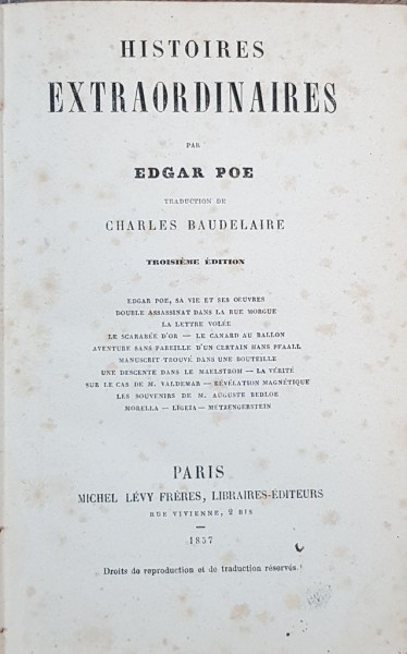 HISTOIRES EXTRAORDINAIRES par EDGAR POE tradusa de CHARLES BAUDELAIRE - PARIS, 1857