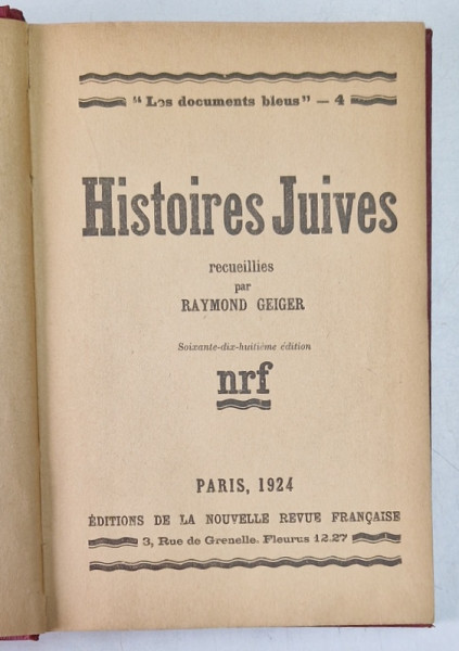 HISTOIRES JUIVES - recueillies par RAYMOND GEIGER , 1924