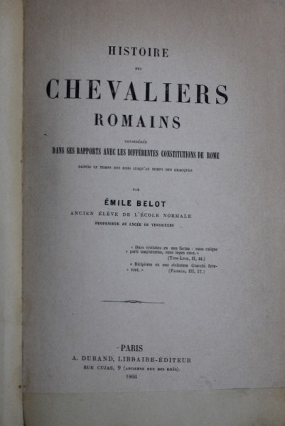 HISTORIE DES CHEVALIERS ROMAINS par EMILE BELOT , 1866