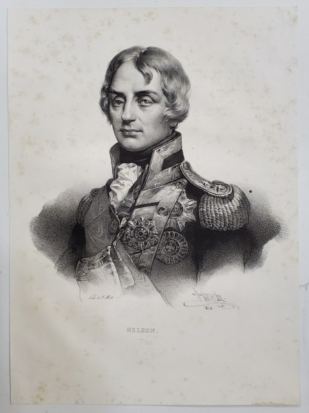 HORATIO NELSON , AMIRAL BRITANIC , LITOGRAFIE , DESEN de GREVEDON , litografiat de C. MOTTE , 1826