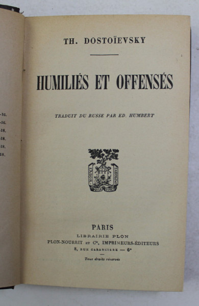 HUMILIES ET OFFENSES par TH. DOSTOIEVSKY , 1884