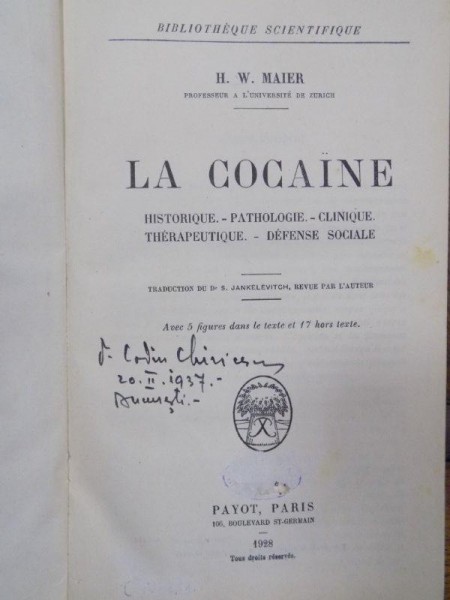 H.W. MAIER , LA COCAINE , PARIS ,1928