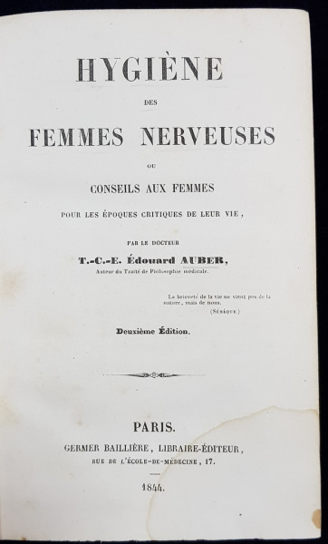 HYGIENE DES FEMMES NERVEUSES pa T. C. E. EDOUARD AUBER - PARIS, 1844