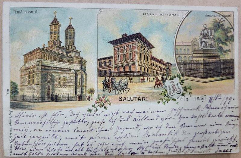IASI : BISERICA TREI IERARHI , LICEUL NATIONAL , STATUIA LUI GHEORGHE ASACHI , CROMOLITOGRAFIE , CARTE POSTALA CLASICA
