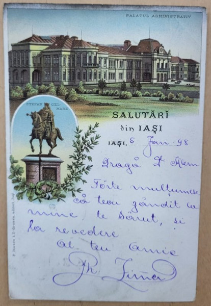 IASI , PALATUL ADMINISTRATIV si STATUIA LUI STEFAN CEL MARE , CROMOLITOGRAFIE , CARTE POSTALA CLASICA