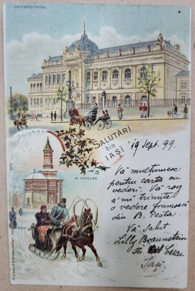 IASI : UNIVERSITATEA SI BISERICA SF. NICOLAE , CROMOLITOGRAFIE , CARTE POSTALA CLASICA