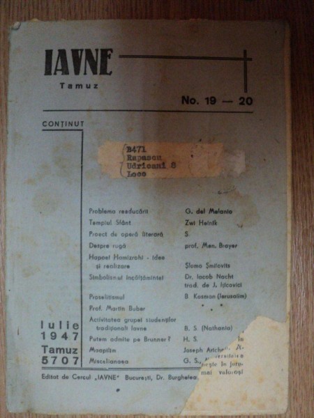 IAVNE TAMUZ, NR. 19-20 ,IULIE 1947, TAMUZ