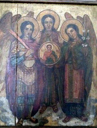Icoana cu fata dubla Sf. Arhangheli, verso Botezul Domnului, semnata Stelian P. Ghimpati