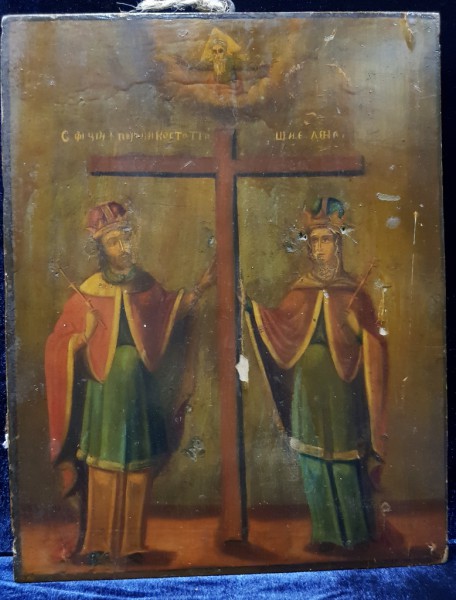 Icoana pe lemn romaneasca Sf. Constantin si Elena , Sec. XIX