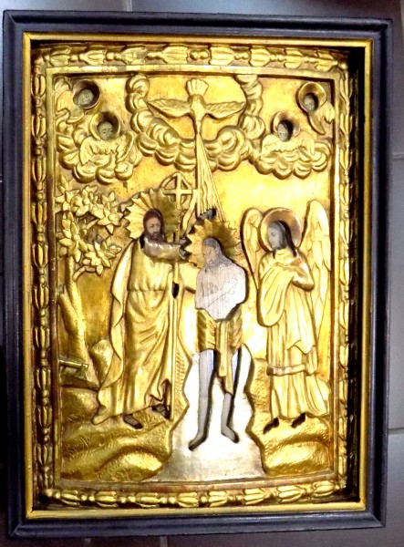 Icoana romaneasca cu ferecatura din lemn si foita de aur , Botezul Domnului , sec XIX