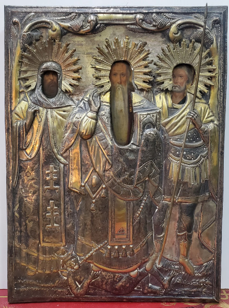 Icoana Romaneasca reprezentand pe Sf. Cuvios Dimitrie, Sf. Mare Ierarh Haralambie si Sf. Mucenic Mina, Icoana Romaneasca cu Ferecatura din Argint Aurit, cca. 1850