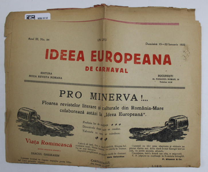 IDEEA EUROPEANA DE CARNAVAL  , ZIAR , ANUL III , NR. 84 , DUMINICA , 15 -22 IANUARIE , 1922