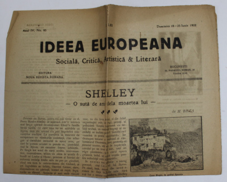 IDEEA EUROPEANA - SOCIALA , CRITICA , ARTISTICA si LITERARA , ZIAR , ANUL IV , NR. 95 , DUMINICA ,18-25 IUNIE  , 1922