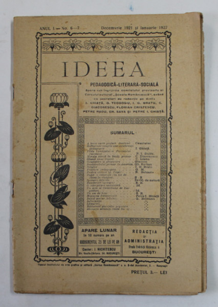 IDEEA , REVISTA PEDAGOGICA -LITERARA - SOCIALA , ANUL I , NR. 6-7 , DECEMBRIE 1921 si IANUARIE 1922