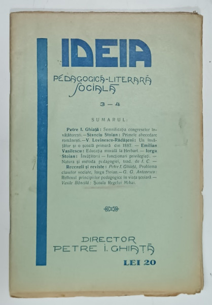 IDEIA PEDAGOGICA - LITERARA , SOCIALA , NR. 3-4 , 1929