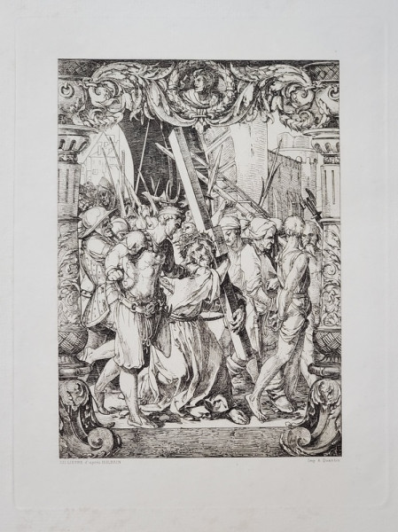 IISUS DUCAND CRUCEA , GRAVURA de ALBERT QUANTIN dupa HOLBEIN , SEC. XIX