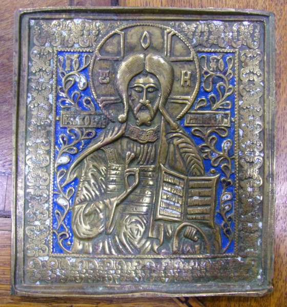 IISUS PANTOCRATOR , BRONZ AURIT SI EMAIL, RUSIA SF DE SEC 19