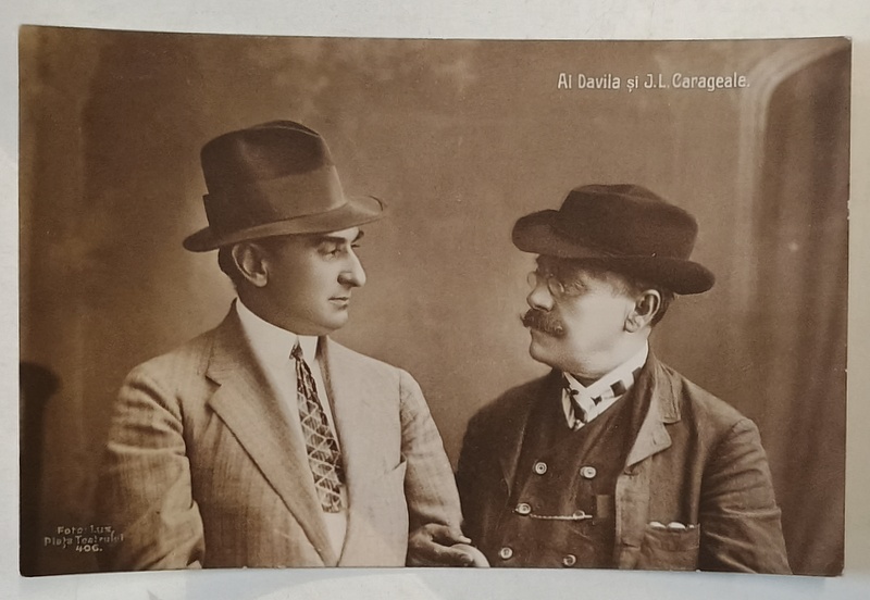 I.L. CARAGIALE SI AL . DAVILA , FOTO - LUX , PIATA TEATRULUI , BUCURESTI , FORMAT CARTE POSTALA , INCEPUT DE SEC. XX