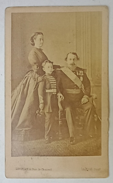 IMPARATUL NAPOLEON AL III - LEA , IMPARATEASA EUGENIE DE MONTIJO  SI PRINTUL LUDOVIC NAPOLEON , FOTOGRAFIE C.D.V , SFARSITUL SEC. XIX
