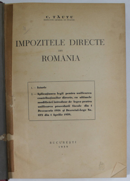 IMPOZITELE DIRECTE DIN ROMANIA de C . TAUTU , 1939