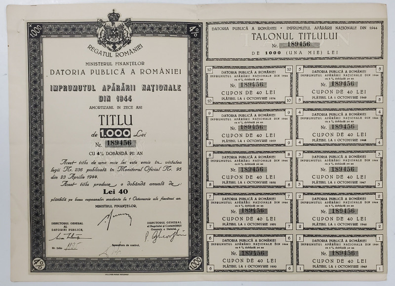 IMPRUMUTUL  APARARII NATIONALE DIN 1944 , TITLU DE 1.000  LEI