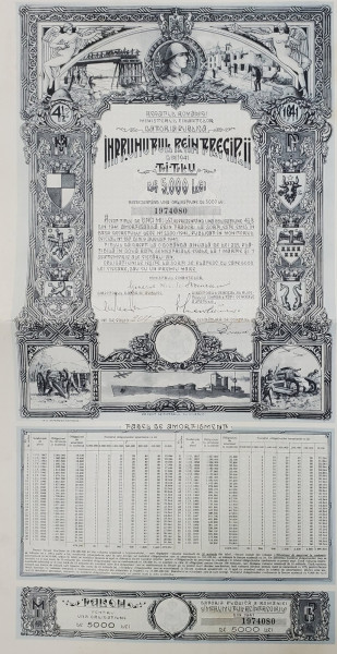 IMPRUMUTUL REINTREGIRII DIN 1941 - TITLU DE 5.000 LEI , DESENAT DE PICTORUL GH. CHIROVICI