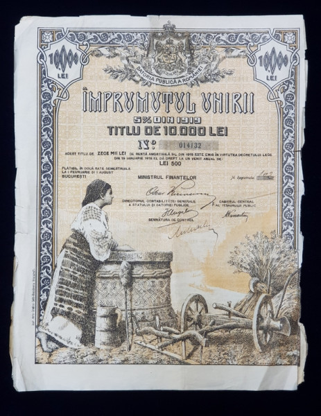 IMPRUMUTUL UNIRII  - TITLU DE 10.000 LEI , GRAFICA de PICTORUL BASSARAB , 1919