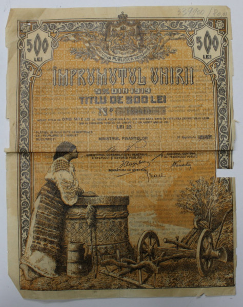 IMPRUMUTUL UNIRII  - TITLU DE 500 LEI , GRAFICA de PICTORUL BASSARAB , 1919