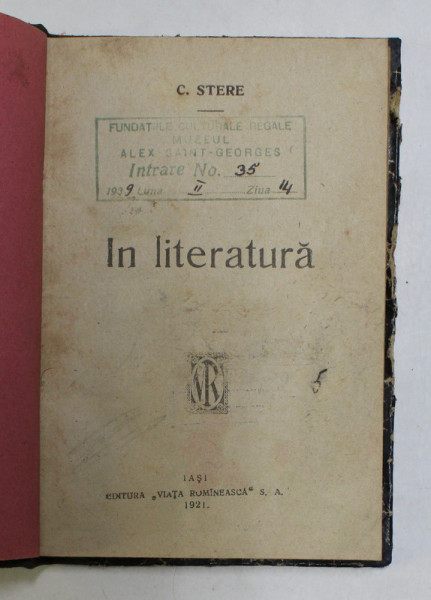 IN LITERATURA de C. STERE , 1921