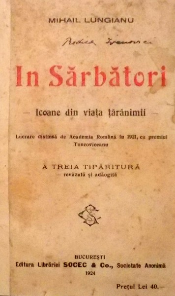 IN SARBATORI, ICOANE DIN VIATA TARANIMII de MIHAIL LUNGIANU , 1924