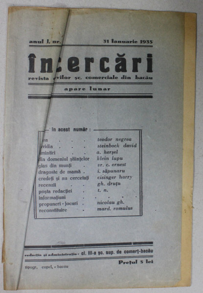 INCERCARI , REVISTA ELEVILOR SCOALELOR COMERCAILE DIN BACAU , ANUL I , NR. 2, 31 IANUARIE  , 1935