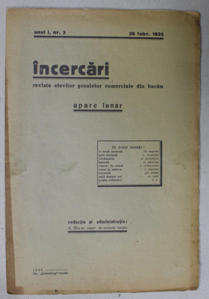 INCERCARI , REVISTA ELEVILOR SCOALELOR COMERCAILE DIN BACAU , ANUL I , NR. 3, 28 FEBRUARIE , 1935