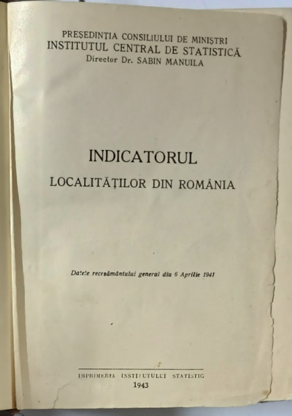 INDICATORUL LOCALITATILOR DIN ROMANIA  1943 , LIPSA COTOR