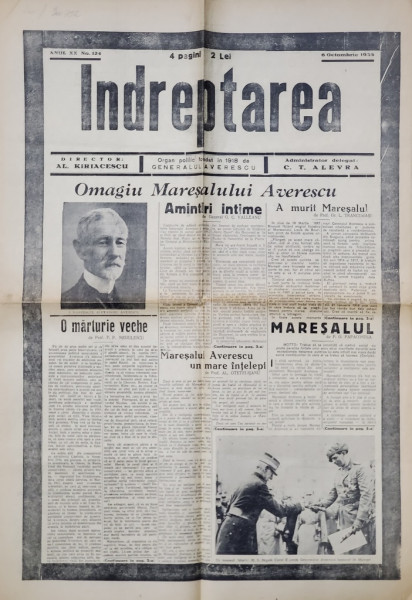 INDREPTAREA , ORGAN POLITIC , NUMAR INCHINAT MEMORIEI MARESALULUI AVERESCU LA MOARTEA ACESTUIA , 6 OCTOMBRIE 1938
