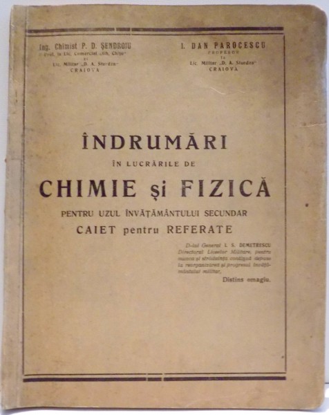 INDRUMARI IN LUCRARILE DE CHIMIE SI FIZICA de P.D. SENDROIU , I. DAN PAROCESCU , 1937