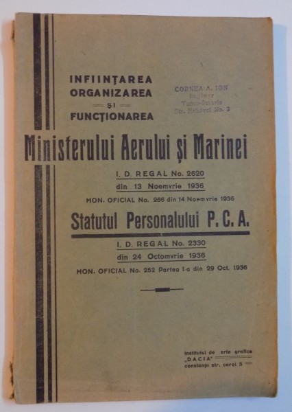 INFIINTAREA , ORGANIZAREA SI FUNCTIONAREA MINISTERULUI AERULUI SI MARINEI , 1936