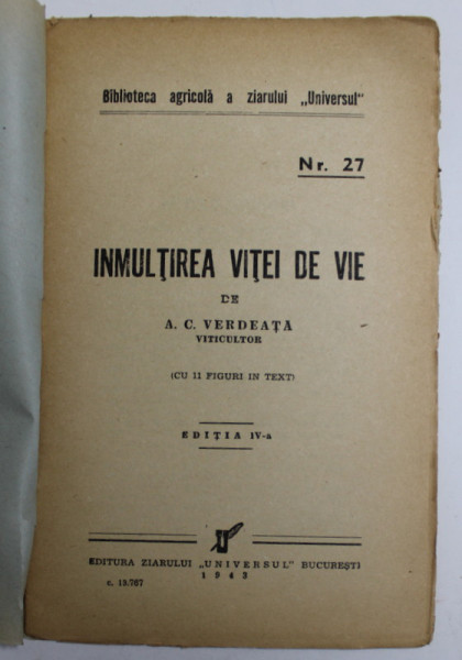 INMULTIREA VITEI DE VIE, NR. 27 de A.C. VERDEATA, 1934 , COPERTI REFACUTE