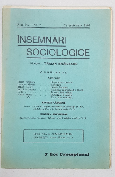 INSEMNARI SOCIOLOGICE, ANUL IV, NR. 2, 15 SEPTEMBRIE 1940